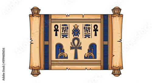 Ancient Egyptian Scroll with Hieroglyphs and Ankh Symbol