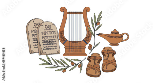 Ancient Israelite Artifacts: Harp, Tablets, Sandals, Olive Branch, Oil Lamp