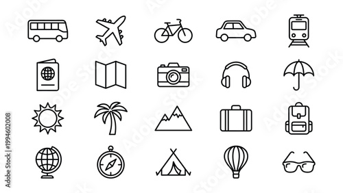 Travel vector icons pack including transportation destinations travel accessories with palm tree hot air balloon cruise ship road trip sea travel transportation airplane passport headphones