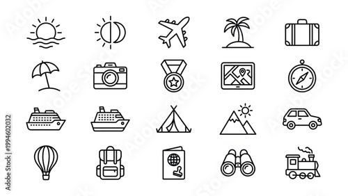 Collection of hand-drawn travel and vacation icons with palm tree cruise ship hot air balloon vacation airplane suitcase umbrella mountain backpack passport binoculars adventure relaxation
