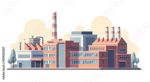 Industrial factory illustration depicting environmental impact, clean design, and modern