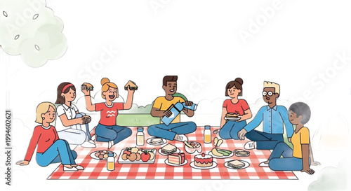 Diverse group of people having picnic, outdoor food gathering, multicultural friends eating together, casual outdoor celebration