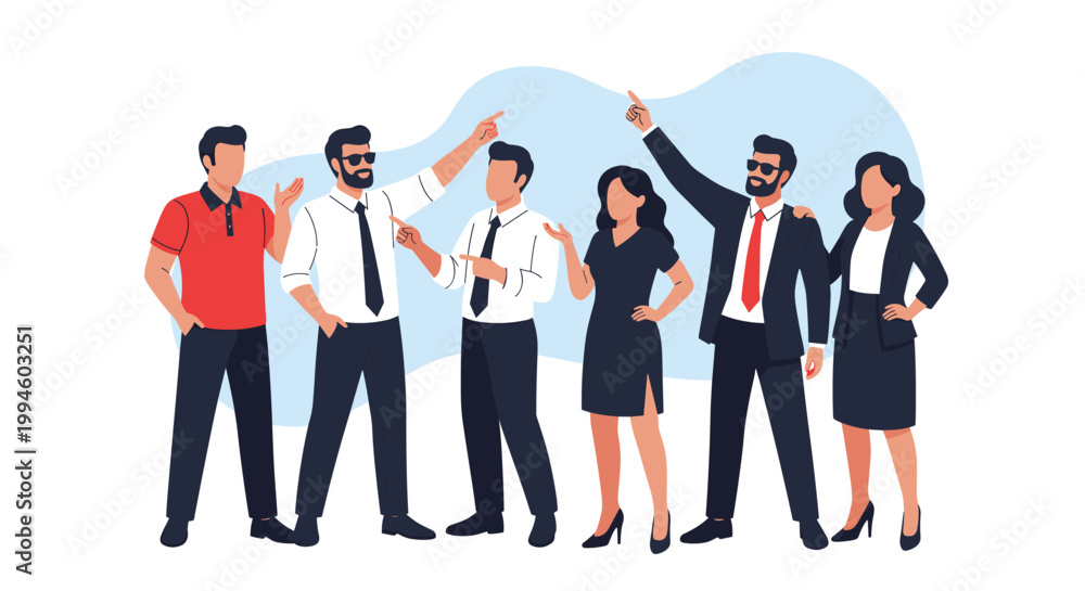 Fototapeta premium Group of diverse business people in professional clothing pointing and looking towards a common direction.