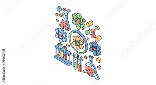 Isometric scientific illustration with atoms and lab equipment on a white backdrop
