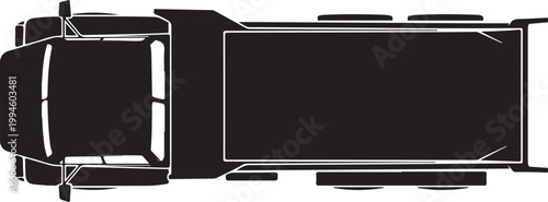 Top-down view, semi-truck, tractor-trailer, vehicle silhouette, black and white