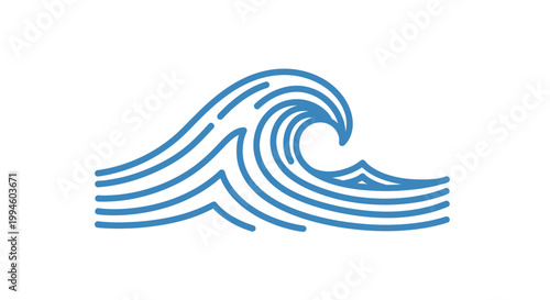 Minimalist representation of an ocean wave in blue lines with a white background