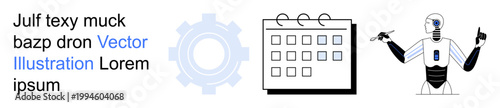 Artificial intelligence, productivity, automation systems, task scheduling, future technology, workflow management. A robot, a calendar and a gear symbol. Artificial intelligence and productivity