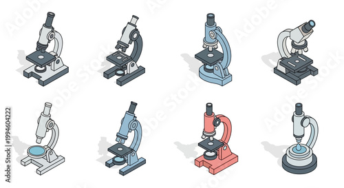 Illustrated scientific microscopes in isometric perspective, perfect for educational materials and