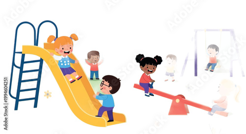 Playground, kids playing on slide and seesaw, colorful illustration, children at play, outdoor fun