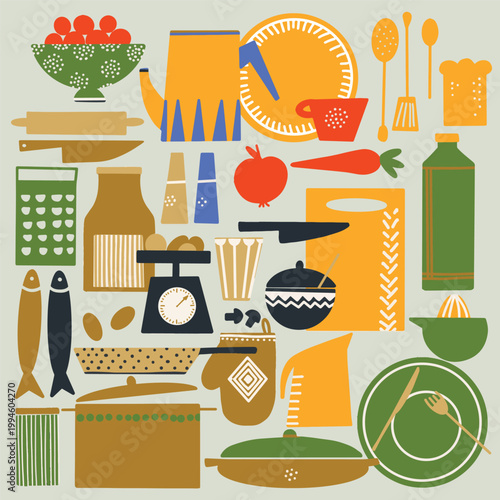Kitchen utensils and cooking tools collection in mid century modern flat vector style.