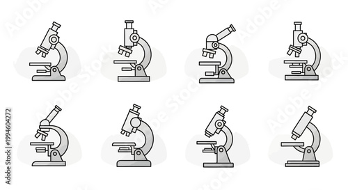 Illustration depicting various perspectives of a microscope in grayscale with white background
