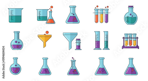 Illustration of various laboratory glassware and equipment used for scientific research