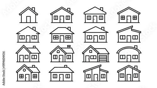 Collection of simple line drawing icons representing various house types with semi detached real estate hip roof lean to roof gambrel roof shed roof building architecture residence property
