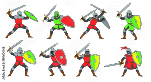 Knights in Armor with Swords and Shields, Medieval Warriors Set