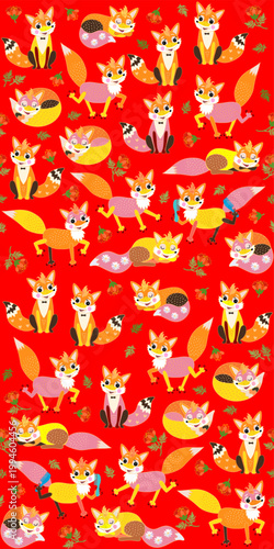 Seamless pattern with funny foxes on bright red background. 