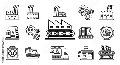 Industrial Icons: Black and White Depictions of Factories, Gears, and Production Elements