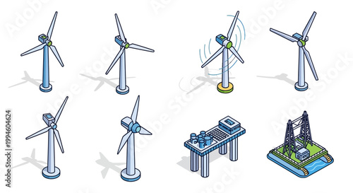 Isometric Illustration of Wind Turbines, Energy Infrastructure, and Offshore Platforms