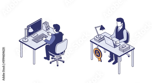 Isometric illustration of office workers at their desks, technology and business concepts