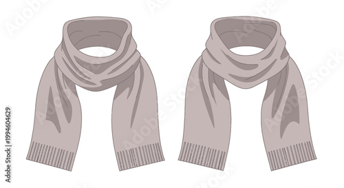 Two Gray Scarves, Winter Fashion Accessory, Warm Clothing, Isolated on White Background