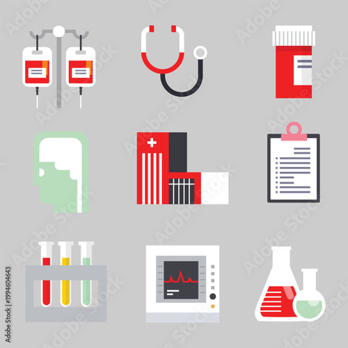 Set of colorful flat design medical icons, including IV drip, stethoscope, medicine bottle, hospital, clipboard, test tubes, heart monitor, and lab flasks.