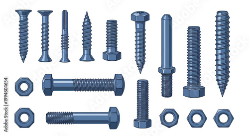 Collection of Metal Fasteners: Screws, Bolts, and Nuts on White Background
