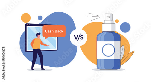 Visual comparison between online cash back rewards and physical products represented by a large blue spray bottle dispenser.