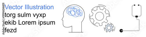 Cognitive processing, mental health, problem-solving, medical solutions, technology, engineering. Human head with brain activity lines, gear symbols and an IV tube. Mental health and problem-solving