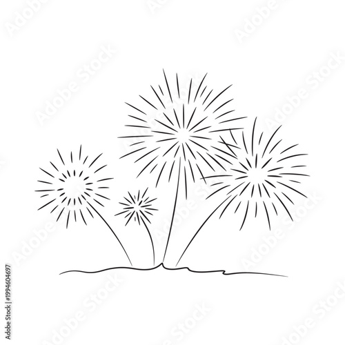 Simple black and white sketch depicting several bursting fireworks in the sky