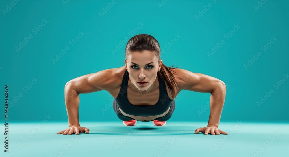 Fototapeta premium Fitness woman performing push up exercise, strong athletic body and focused expression, active workout moment, strength training routine, healthy lifestyle concept, clean studio background 