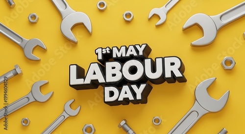 Labour Day 3D wrench background design yellow 1st May poster