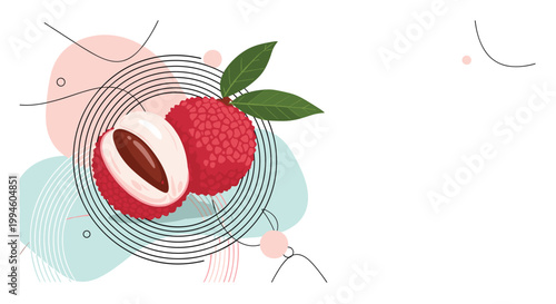 Tropical lychee fruit with green leaves and a cross-section showing the white flesh and brown seed on an abstract background.