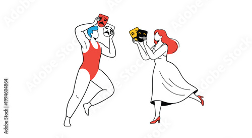 Performance art concept showing a man and a woman in costumes holding various classic comedy and tragedy theater masks.