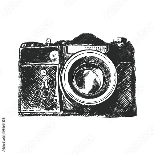 Hand drawn sketch of vintage camera, classic photographic equipment with detailed shading.