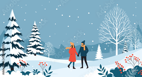 Romantic couple walks through a snowy winter landscape with pine trees, falling snowflakes, and red berries in the foreground.