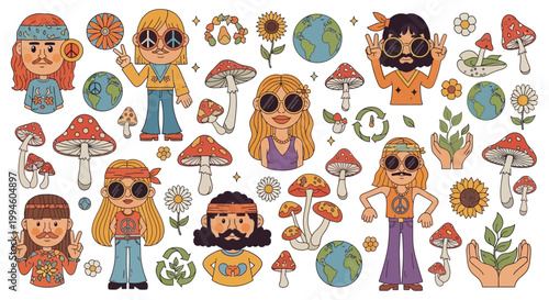 Schilderij op canvas Hippie People and Mushrooms.