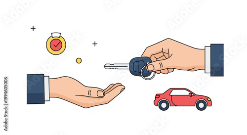 Car sales or rental concept showing a hand handing over vehicle keys to another person next to a red car silhouette.