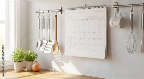 Kitchen utensils and calendar on wall.