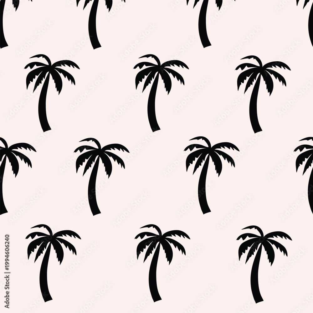 Fototapeta premium Tropical palm tree illustration in black silhouette on blush pink background, seamless pattern for textile print for fabric