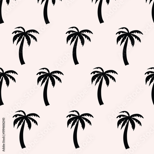 Tropical palm tree illustration in black silhouette on blush pink background, seamless pattern for textile print for fabric