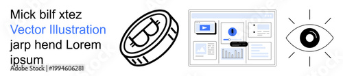 Blockchain, financial analysis, UX design, visual , cryptocurrency, technology. Cryptocurrency token, data dashboard and eye icon. Blockchain and financial analysis concept