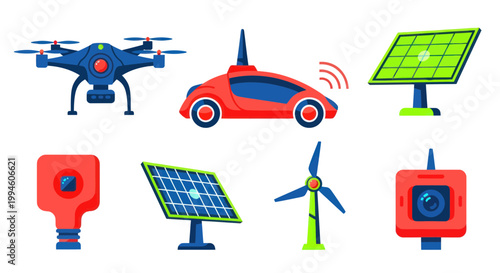 Futuristic Technology Icons: Drone, AI Car, Solar Panels, Wind Turbine, Cameras