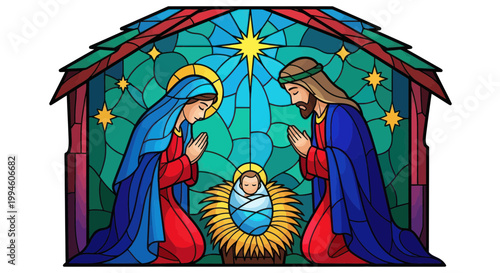 Nativity Scene Stained Glass Art - Jesus, Mary, Joseph, Star of Bethlehem