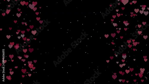 Valentines day falling pink hearts black background copy space
