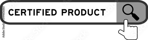 Search banner in word certified product with hand over magnifier icon on white background