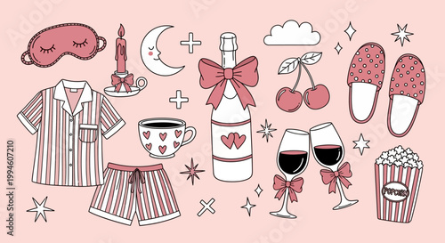 Cozy Night In Elements Collection with Sleepwear, Relaxation Items, and Treats for a Perfect Self-Care Evening or Romantic Celebration