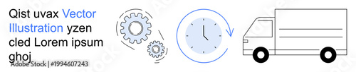 Supply chain, time management, delivery services, transportation, industry process, automation. Gears, clock and a delivery truck. Supply chain and time management concept