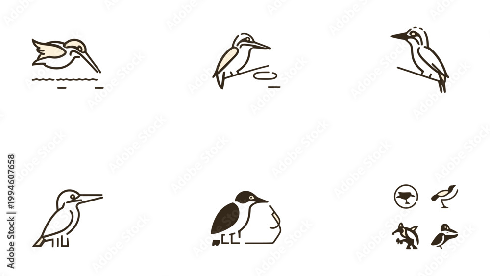 Fototapeta premium Geometric Wildlife Collection: Minimalist line art illustrations showcase various bird species in graceful poses, each image captures the essence of avian elegance.
