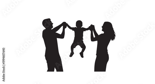 Happy family playing swinging child silhouette for summer holiday concept