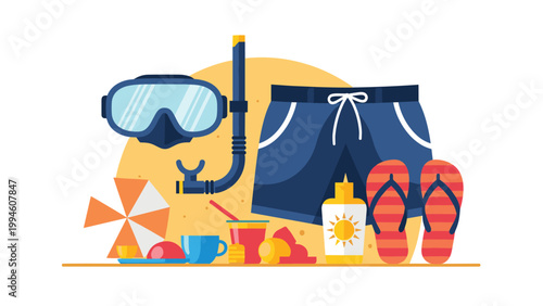 Summer vacation essentials including a diving mask snorkel swim trunks flip-flops and sunscreen arranged on a sandy beach.