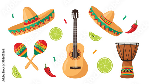 Vibrant collection of Mexican culture items including sombreros a guitar maracas limes chili peppers and a traditional drum.